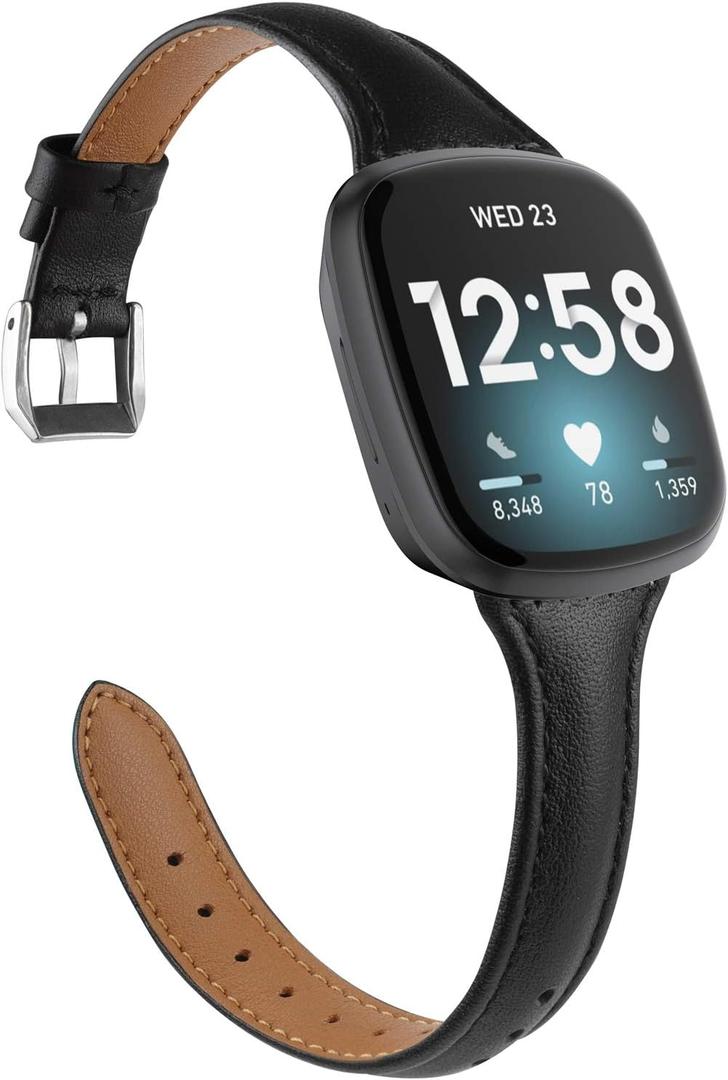 Moolia Compatible with Fitbit Versa 4/Versa 3/Sense 2/Sense Band for Women Slim Strap, Top Grain Genuine Thin Leather Replacement Wristband for Women for Versa 4/Versa 3 Watch Band, Black