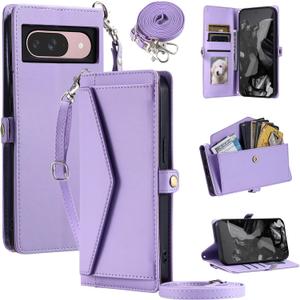 Wallet Case for Google Pixel 10/10 Pro with Wrist Strap Shoulder Strap Card Holder Shockproof Soft PU Leather Magnetic Snap Pocket Stand Accessories Phone Cover Pixel 9 9Pro Nine Women Purple