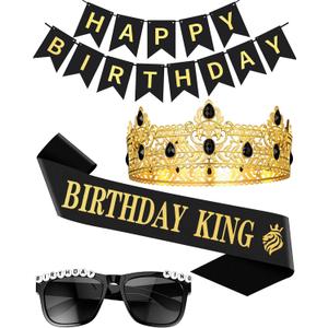 Birthday Crown and Sash Decorations for Men, Birthday Gifts for Men Party Decor Supplies Including King Crown & Sash & Glasses & Banner