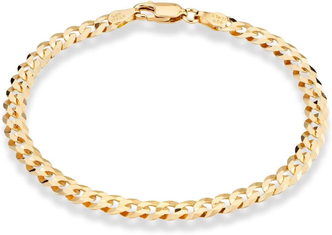 Miabella 18K Gold Plated 925 Sterling Silver Italian 5mm Solid Diamond-Cut Cuban Link Curb Chain Bracelet for Men Women, Made in Italy