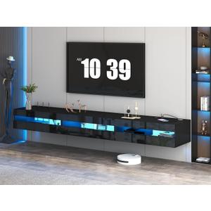 Floating TV Stand | 94.5'' Long Wall Mounted TV Shelf with Power Outlet, Modern Wooden Entertainment Center Media Console with Storage, High Gloss Large TV Cabinet, Up to 100 Inch TVS (Black)