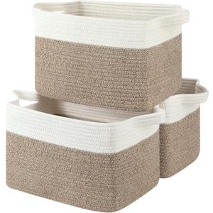 Storage Basket for Organizing, Woven Baskets for Storage, Rectangle Decorative Baskets for Shleves, Closet, Toys, Books, Nursery Organizer Bins - Pack of 3 (Brown & White, 13"x9.85"x8.7")