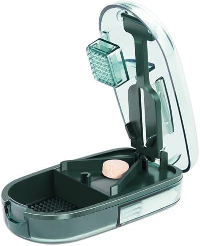 ColeMela Pill Cutter Splitter for Small and Tiny Pills, or Large Pills. V-Shaped Design for Multiple Sizes. Safety Blade Guard. Loss-Proof Built-in Small Brush & Sliding Door Pill Storage (Green)