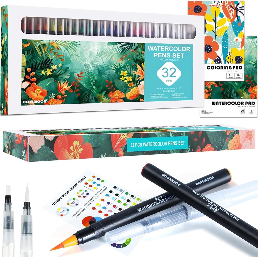 32 Watercolor Pens Set of 26 Vivid Colors Real Brush Tip Pens, Paint Markers Set includes 2 Blendable Pens, Watercolor Book and Coloring Book, Art Supplies Gifts for Girls Teens Beginners and Artists