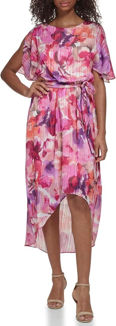 Jessica Howard Women's Floral Hi-lo Midi Dress – Short Sleeve Chiffon Lurex Cocktail Gown, Size: 8