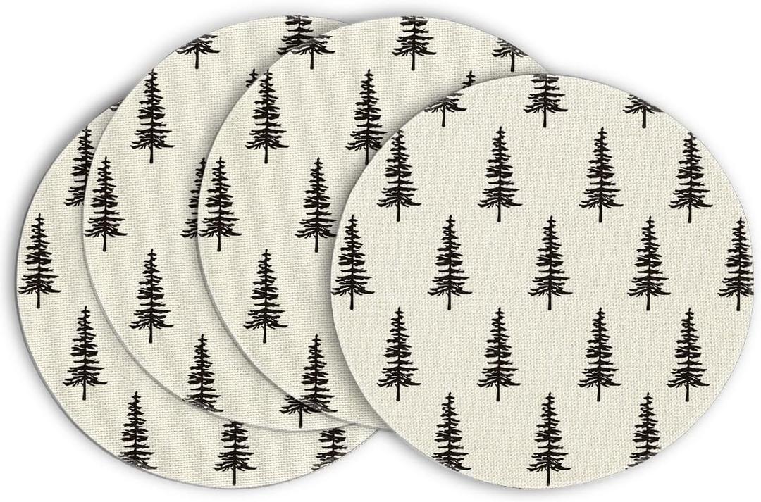 Artoid Mode Xmas Trees Merry Christmas Round Placemats Set of 4, 14 Inch Winter Round Table Mats for Dining Decoration (Black/Beige)