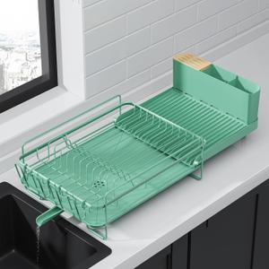 Kitsure Large Dish Drying Rack - Extendable Dish Rack, Multifunctional Dish Rack for Kitchen Counter, Anti-Rust Dish Drainers with Cutlery & Cup Holders 19.2"-26.7" L x 12.9" W, Green (Standard)
