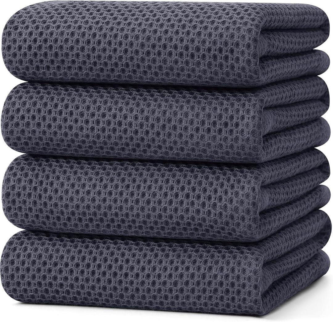 Kitinjoy 100% Cotton Waffle Weave Kitchen Towels, 4-Pack Super Soft and Absorbent Dish Towel for Drying Dishes, Kitchen Hand Towels, 20 in x 28 in, Dark Grey