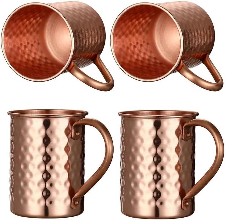 Moscow Mule Pure Copper Mugs - Set of 4 - Handmade of 100% Pure Copper -Hammered Finish-Riveted Handle