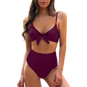 Blooming Jelly Womens High Waisted Bikini Set Tie Knot High Rise Two Piece Swimsuits Bathing Suits (Large, Dark Purple)