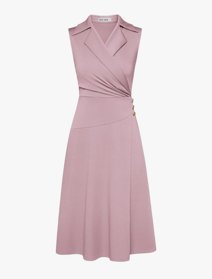 GRACE KARIN 2025 Women's Notch Lapel Ruched Wrap V Neck Business Work Dress Sleeveless A Line Midi Dress Size S
