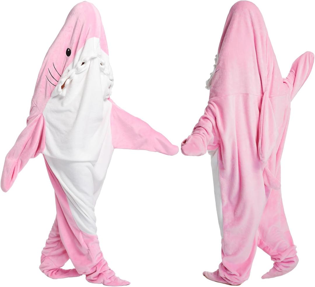 Shark Blanket Hoodie Onesie for Adult Kids, Cozy Flannel Throw Wearable Blanket, Cartoon Animals Shark Onesie Shark Costume (Large, Pink)