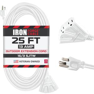 Iron Forge Cable 16 Gauge White Extension Cord Multi Outlet, 25 Ft - SJTW | 16/3 SJTW Cable, 3 Grounded Outlets, Lighted End, 3 Prong Plug, 13 Amp - For Landscaping, Holiday Lights, Appliances
