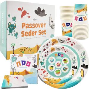 The Dreidel Company Passover Disposable Seder Plate Set - Ten Plagues Design - 9" and 7" Plates, Cups, Napkins and Place Cards, 120 Piece Set, Serves 24 People
