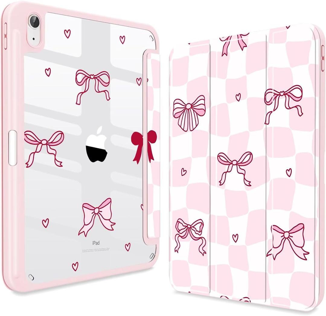 CISSOOK Case for iPad 11 inch (A16) 2025/10.9 inch iPad 10th Generation 2022, Buit in Pencil Holder Shockproof Cover Clear Back Shell Auto Wake/Sleep, Bow Pink
