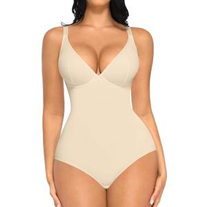 FeelinGirl Shapewear Bodysuits for Women Tummy Control Body Suits Deep V Neck Corset Body Shaper Tops (3XL, Beige)