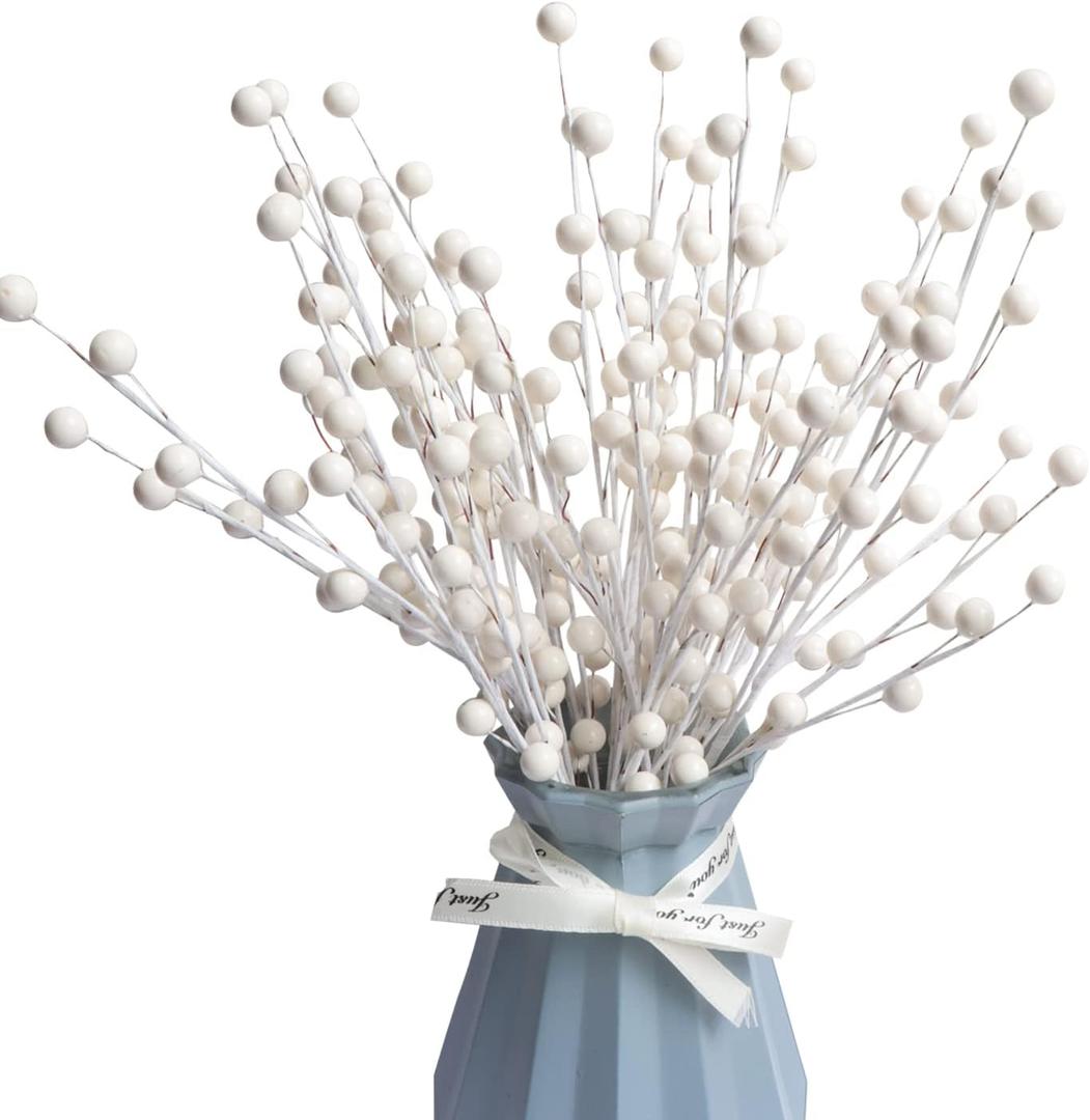 10 Pack Holly Berry Stem Picks, 14.4" Decorative Wire Berries Twig Stem Artificial Sprays for Christmas Tree Branches Fillers Decoration, Holiday Dcor, Wreath Garland, Home DIY Crafts (10, White)