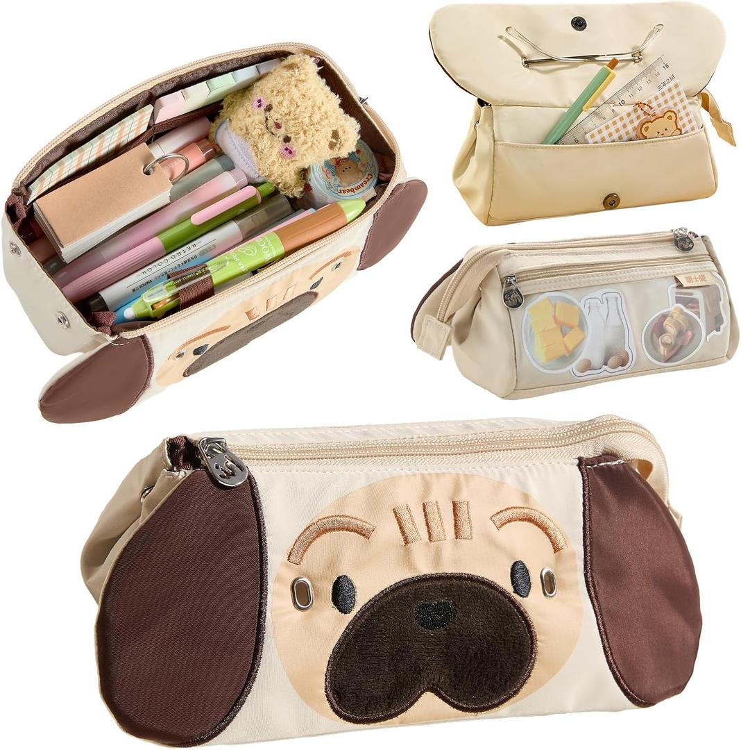 2 x Cute Pencil Case, Kawaii Special Puppy Design Bag & Pouch, Big Large Capacity 5-Compartment Case for School Supplies, Ideal for Boys & Girls (Beige)
