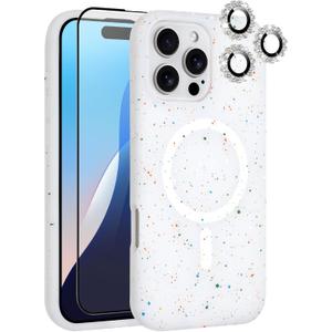 MZELQ for iPhone 16 Pro Case, Compatible with MagSafe, Shower Grey, Shockproof, Drop Proof, Ultra-Slim, Diamond Camera Protector, Screen Protector, Silicone Designed for iPhone 16 Pro Case