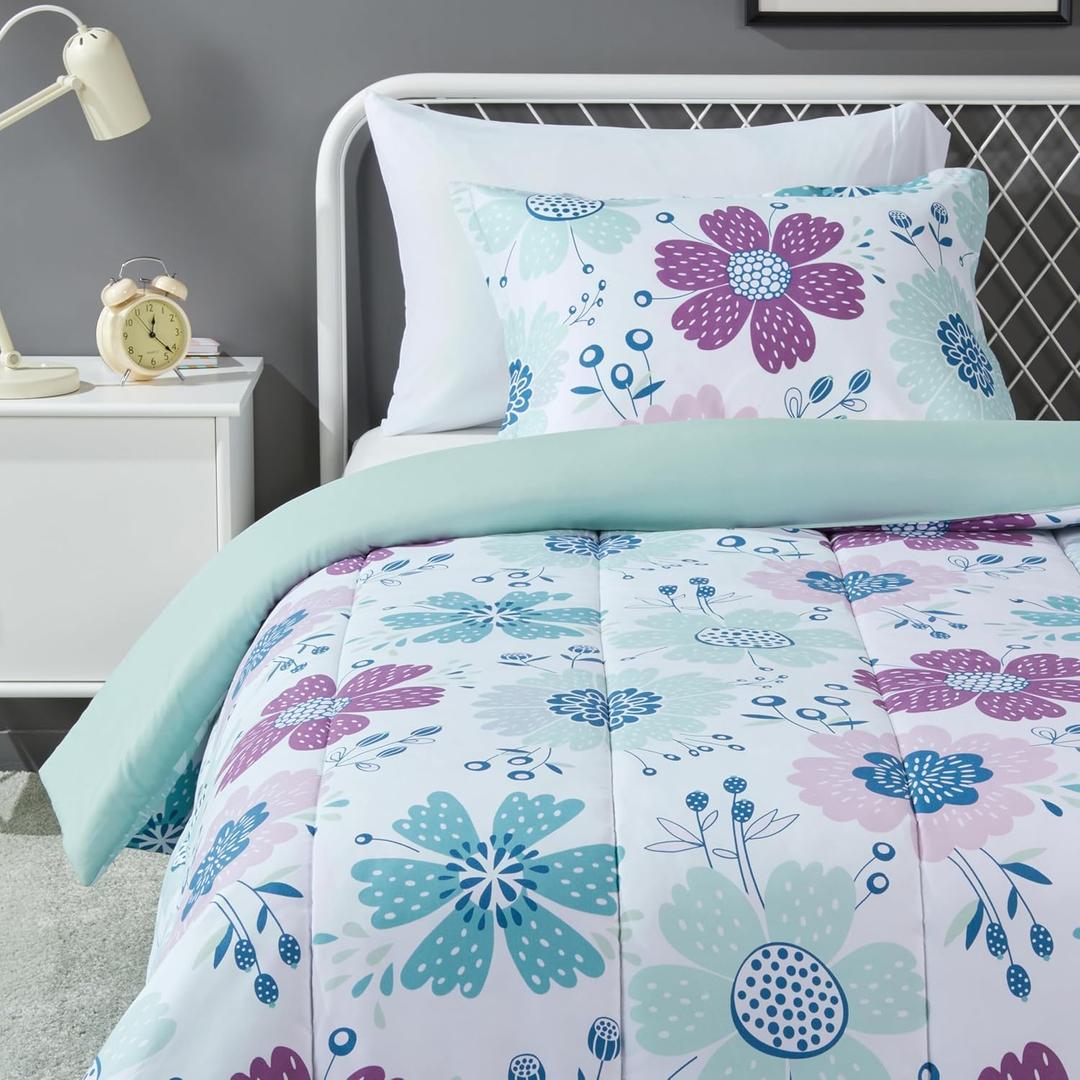 Amazon Basics 2-Piece Soft, All-Season Microfiber Kids' Comforter and Pillow Sham Set, Twin, Purple Flowers, Bluish Pink