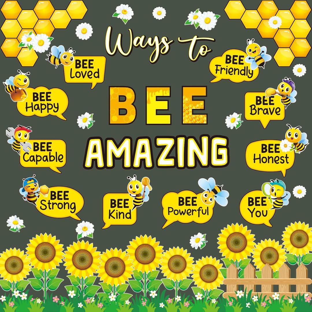 60 Pieces Bee Healthy Bulletin Board Decorations - Bee Hive Themed Cutout Classroom Bulletin Board Decor Sunflower Cutouts for Classroom Wall Bulletin Board Library Decorations Kids Room Decorations
