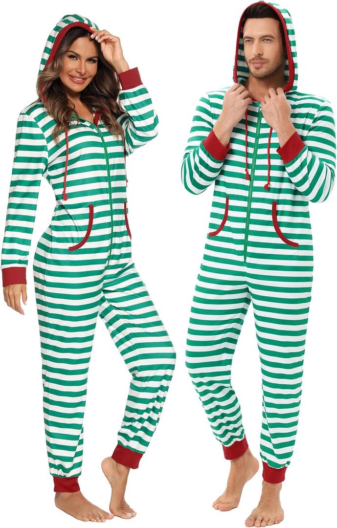 Veseacky Family Christmas Pajamas Matching Sets Adult Onesie Zipper Hooded Footed One-Piece Pjs Jumpsuits (X-Large, Men-green White Striped)