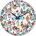 Animals Mexican Wall Clock Battery Operated Flowers Bird Spring Colorful Traditional Clip Art Wall Clock Silent Non-Ticking Quality Quartz 10 Inch Round Easy Clock to Read for Home Office