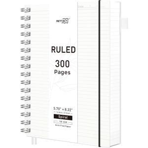 RETTACY Spiral College Ruled Notebook, 300 Pages, A5 Medium Size (5.7" x 8.2"), for School, Work, Writing, Journaling, 100 GSM Thick Paper, Flexible Plastic Cover (Transparent)