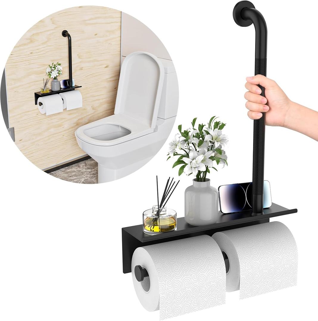Bathroom Grab Bar with Shower Shelves,Munzong Black Toilet Paper Holder 3 in 1 Bathroom Organizers and Storage, Anti Slip Stainless Steel Safety Hand Rail for Handicap Elderly Senior Assist