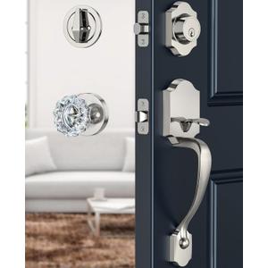 Brushed Nickel Front Door Handle and Deadbolt Set, Front Door Lock Set with Crystal Glass Door Knob, Exterior Door Lock Set with Single Cylinder, Reversible for Right & Left, Satin Nickel