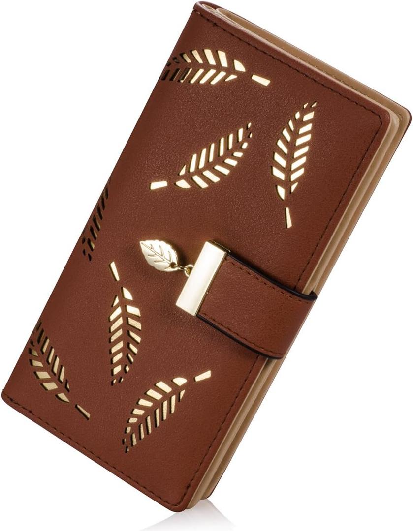 Sweet Cute Chocolate Women's Long Leaf Bifold Wallet Leather Card Holder Purse Zipper Buckle Elegant Clutch Wallet Handbag for Women - Brown