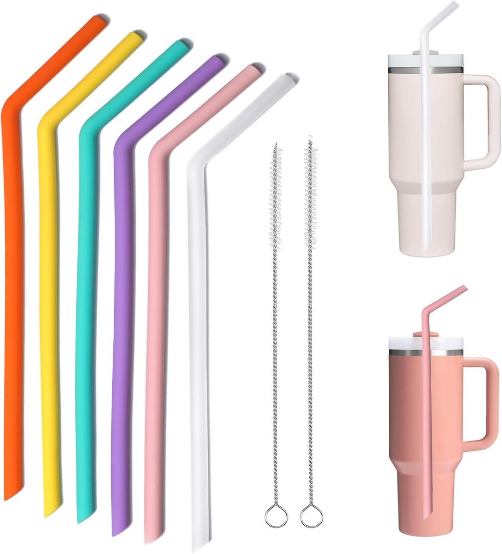 WK ieason Replacement Straws for Stanley Owala 40 oz 30 oz Cup Tumbler, 6pcs 12 Inch Long Silicone Reusable Bent Straw with Cleaning Brush for Stanley Owala Tumbler Accessorie
