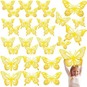 Yeaqee 24 Pcs Large Butterfly Party Decoration 3D Butterflies Wall Decor Set 2 Sizes 3 Styles Large Stickers for Birthday Baby Shower Nursery Bedroom Wedding Decor Cutouts(Gold)