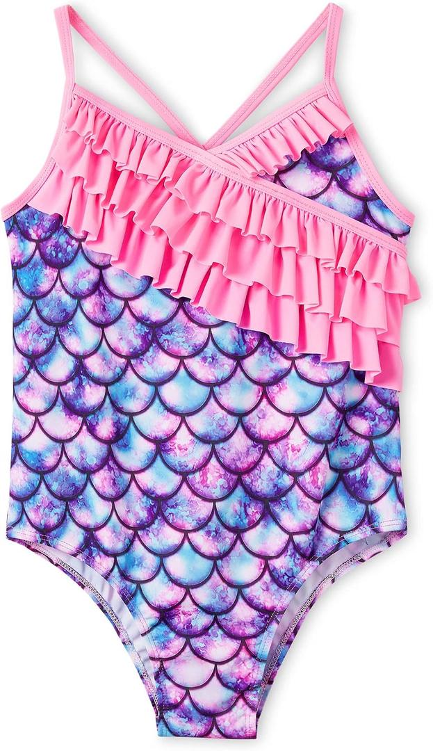 Dvenki Girls One Piece Swimsuit - Adjustable Strap, Checked Face & Mermaid Print Toddler Ruffle Bathing Suit Size 2T-10