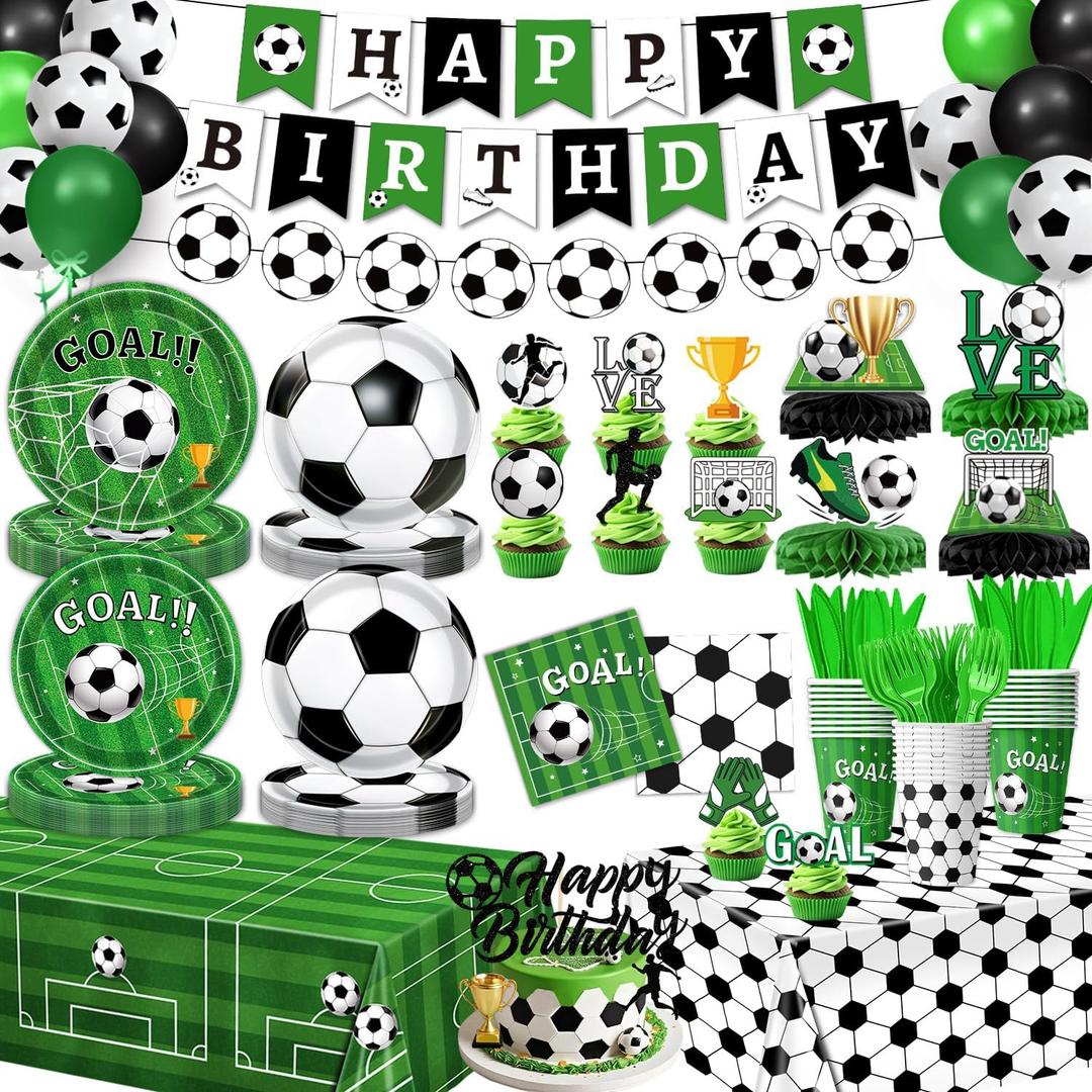 Soccer Birthday Party Decorations Includes Plates, Napkins, Cups, Banner, Hanging Swirls, Tablecloths, Balloons, Toppers, Honeycomb Centerpieces for Sport Soccer Party Decorations, Serves 24