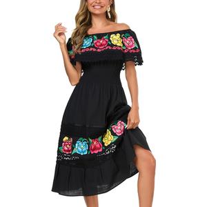 YZXDORWJ Women Embroidered Mexican Peasant Casual Sexy Lace Off-Shoulder Long Dress (L)