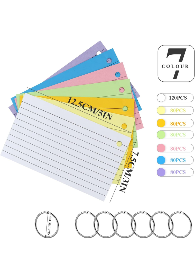 Index Cards Rulded, Colorful Flash Cards 3 x 5 Index Card with Rings, Heavy Study Cards, Note Cards Punched for School Learning, Office and Home Uses, 7 Colors