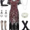 Women 1920s Sequin Beaded Tassels Hem Flapper Dress with 20s Headband Accessories Set. Size 3XL