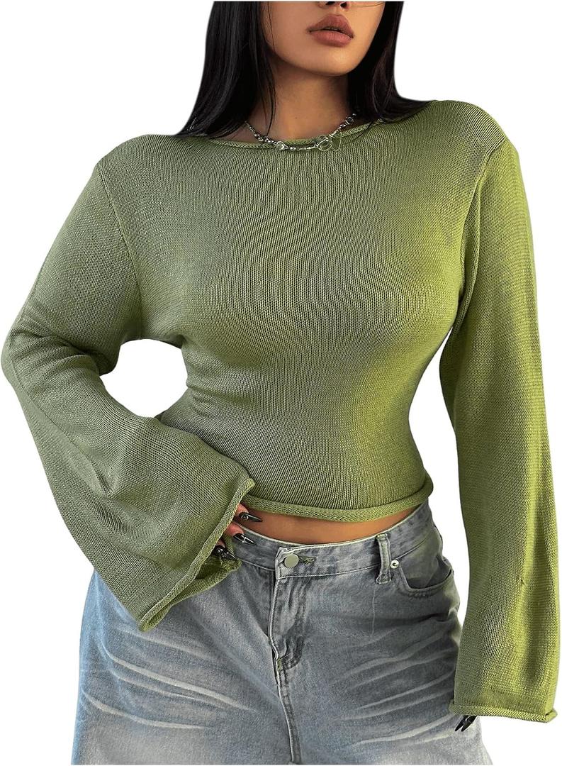 SHENHE Women's Plus Size Bell Long Sleeve Boat Neck Solid Casual Cropped Sweater Pullover (Green, XL)
