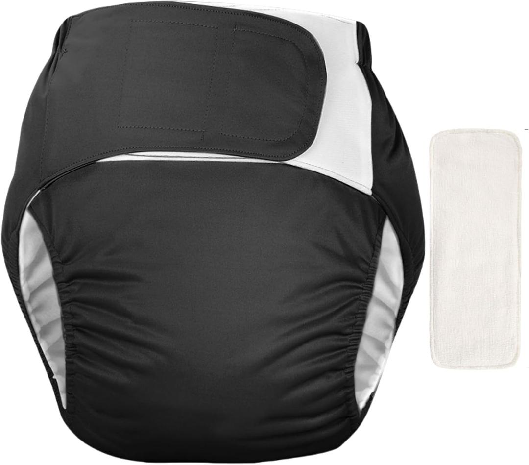 WEEOATAR Unisex Reusable Adult Cloth Diaper, Washable Swim Nappies, Adjustable Incontinence Pocket Diaper with Magic Stickers, Protective Underwear for Seniors, Disability, Postpartum(Black) One Size