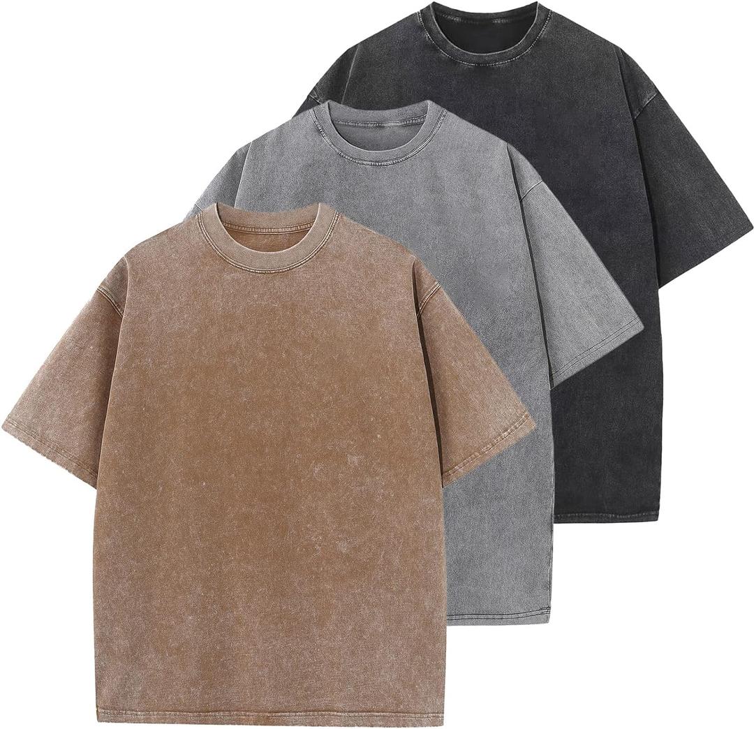 3 Pcs Oversized Heavy Cotton Summer T-Shirts Vintage Unisex Short Sleeves Casual Loose Basic Tops(A-Coffee+Grey+Black XL)