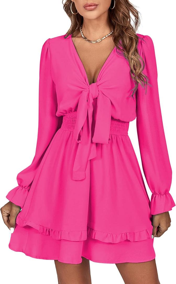 LYANER Women's Tie Front Plunge V Neck Ruffle Layer Long Sleeve Sexy Mini Dress (Medium)