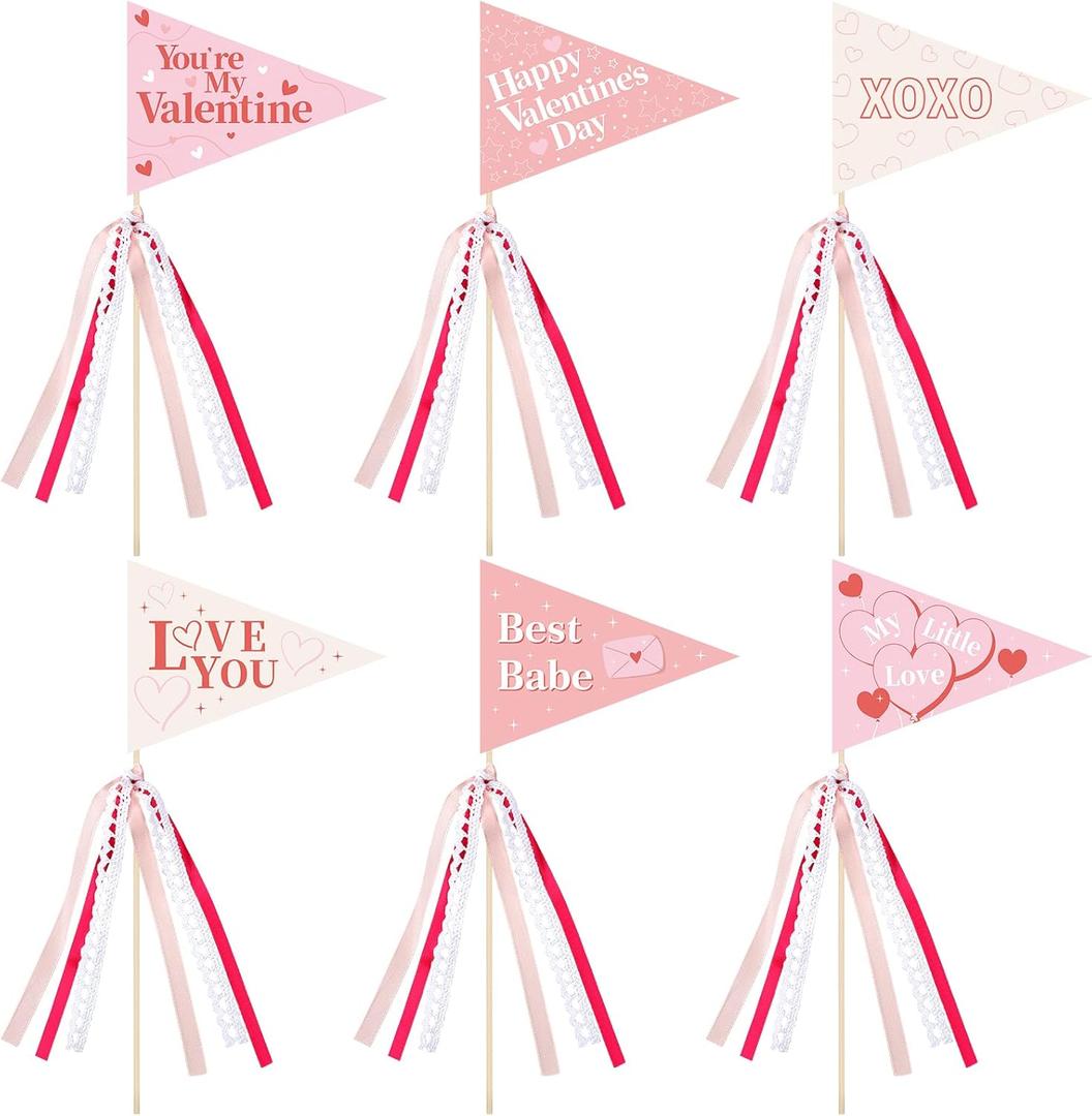 12 Pack Valentine's Day Pennant Flags with Ribbons Heart Triangle Flags for Valentine's Day Parties Anniversary Wedding Engagement