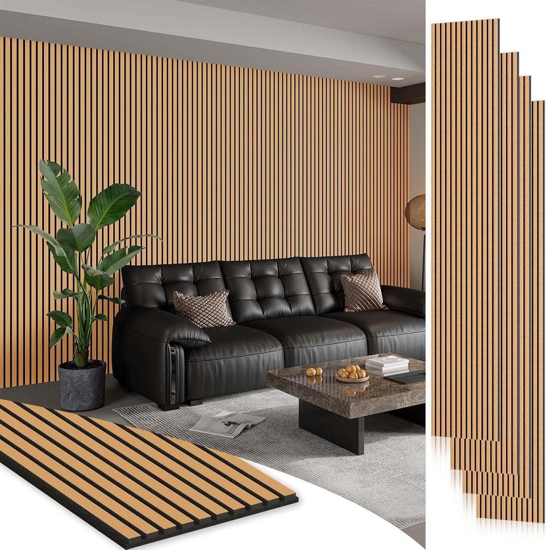 Smartstandard 4 Pack 106" x 12.6" Wood Slat Wall Panels, Soundproof Wooden Wall Panels, Acoustic Wood Panels for Wall, 3D Fluted Wood Panels for Interior Wall Decor, Light Brown Smartstandard 4 Pack 106" x 12.6" Wood Slat Wall Panels, Soundproof Wooden Wall Panels, Acoustic Wood Panels for Wall, 3D Fluted Wood Panels for Interior Wall Decor, Light Brown