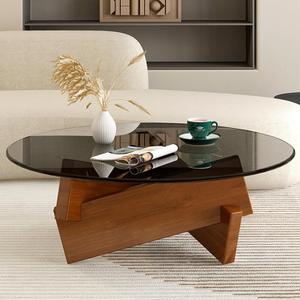 Coffee Table, Round Coffee Table for Living Room Modern Glass Coffee Table with Solid Wood Legs Farmhouse Mid Century Center Table Large Circle Cocktail Table (Walnut + Gray, 35.4in)