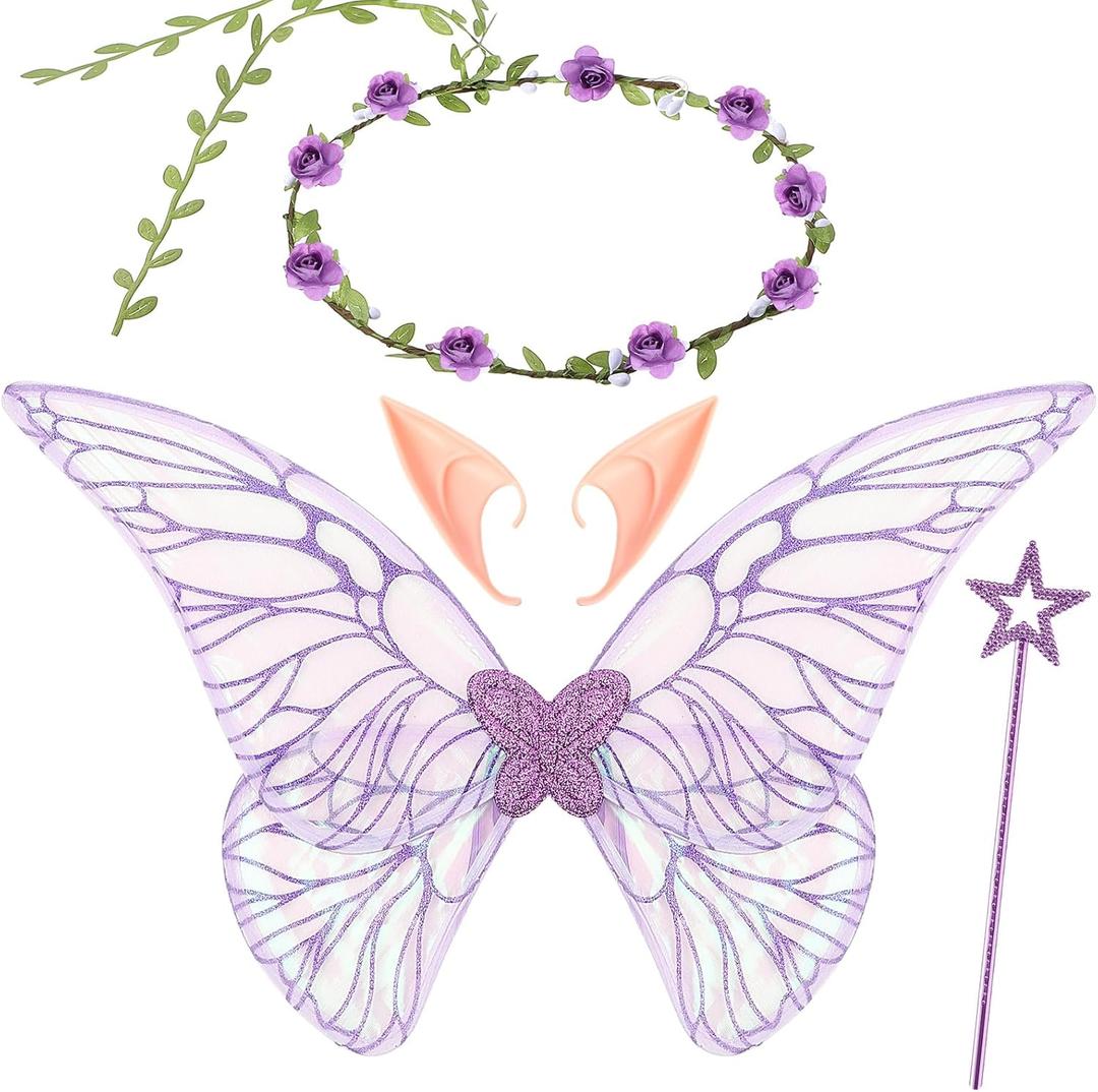 Sratte 4 Pcs Fairy Butterfly Wings for Girls Kids Princess Floral Crown Star Wand Ears Halloween Dress up Costume Accessories (Purple)