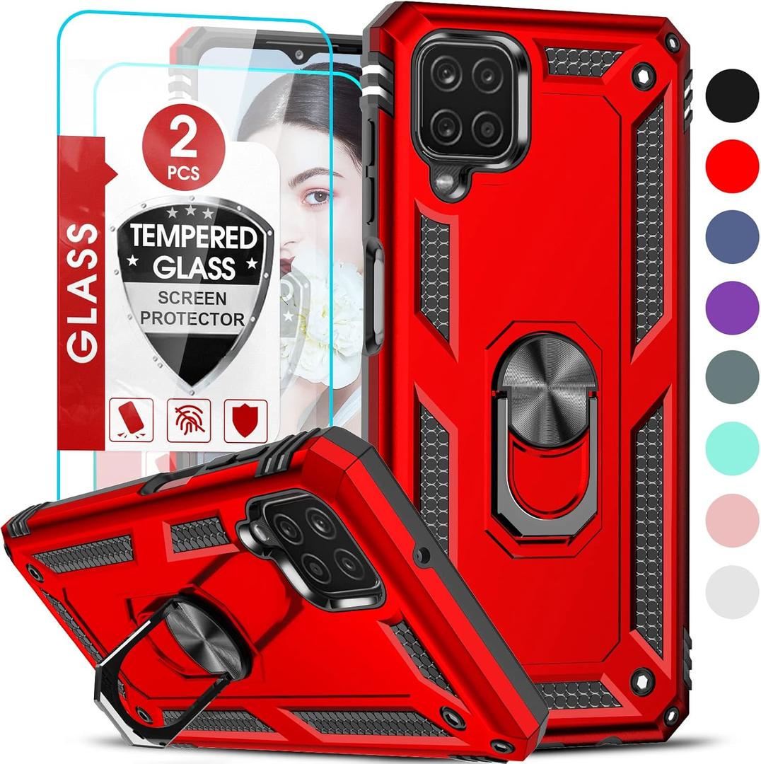 LeYi for Samsung A12 Phone Case, Samsung Galaxy A12 Case with Screen Protector [2 Pack] for Women Girls, Magnetic Ring Holder Kickstand Android Phone Protective Cases Celular Galaxy A12 5G, Red