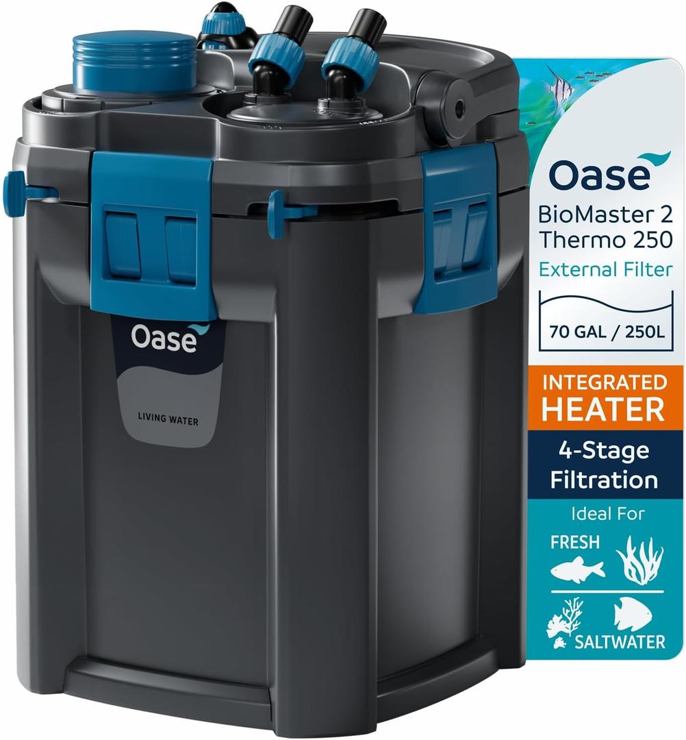 OASE BioMaster 2 Thermo 250 Canister Filter for Aquariums – External Aquarium Filter with Built-in Heater – EasyClean Pre-Filter, Quiet Operation – Freshwater & Saltwater, Up to 70 Gallons