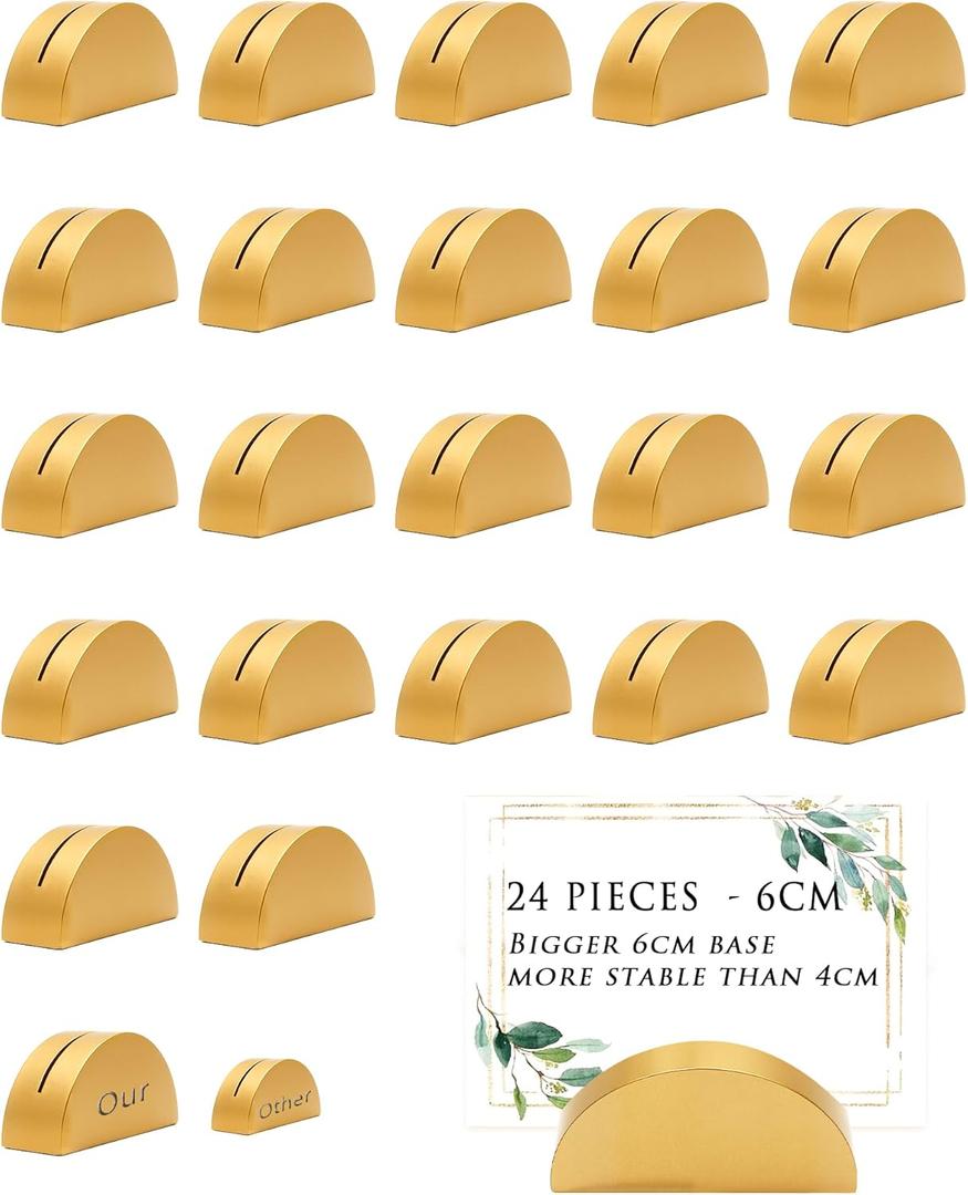 24 Pcs 6cm Large Table Number Holders Stands, Gold Wooden Semicircular Base Place Card Holders for Table | for Wedding, Restaurant Menu, Photo, Office Tag Clips, Party Events Decoration (Gold-24)