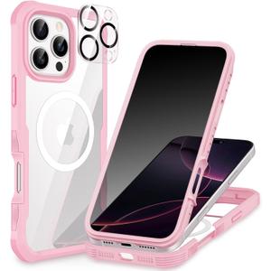 CENHUFO Magnetic for iPhone 16 Pro Case, Privacy Phone Cover [Compatible with Magsafe] Built-in Anti Peep Tempered Glass Privacy Screen Protector and Camera Protective Full Body Shockproof - Pink